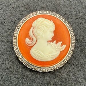 Vintage Cameo scarf Brooch with Orange and Cream Design